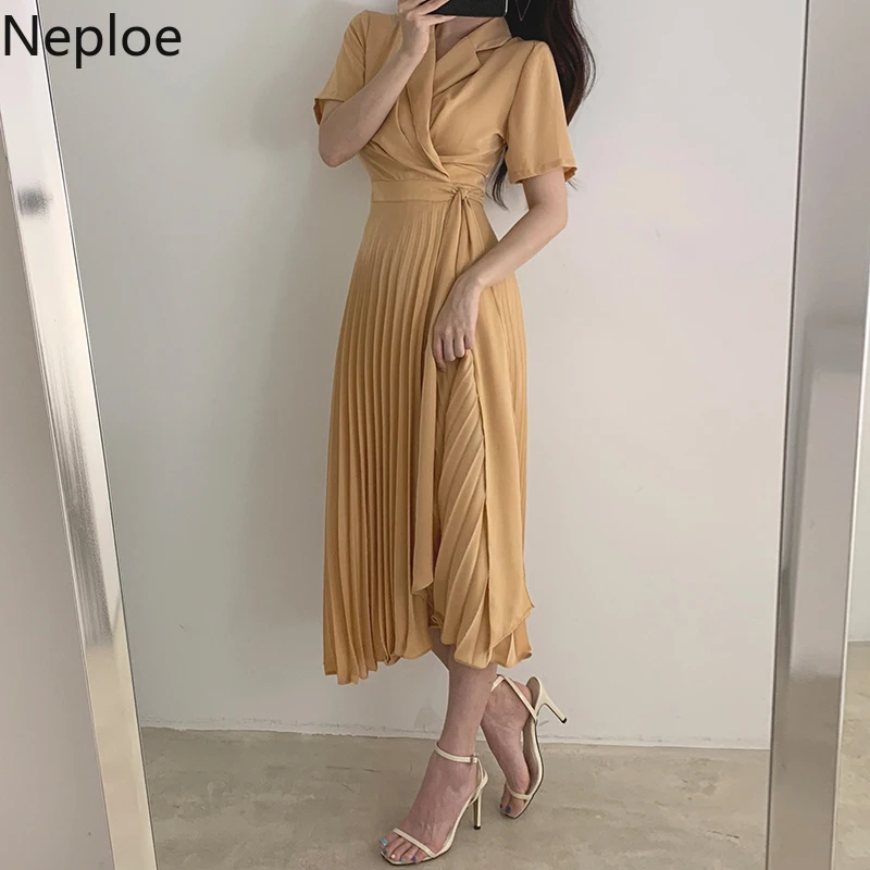 Neploe Элегантное летнее платье с зубчатым воротником корейское Бандажное