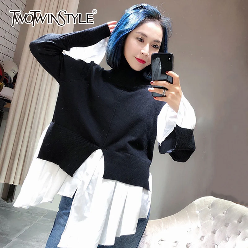 

TWOTWINSTYLE Patchwork Lady's Sweater Turtleneck Flare Sleeve Irregular Sweaters For Women Spring Casual Pullover 2019 Clothing