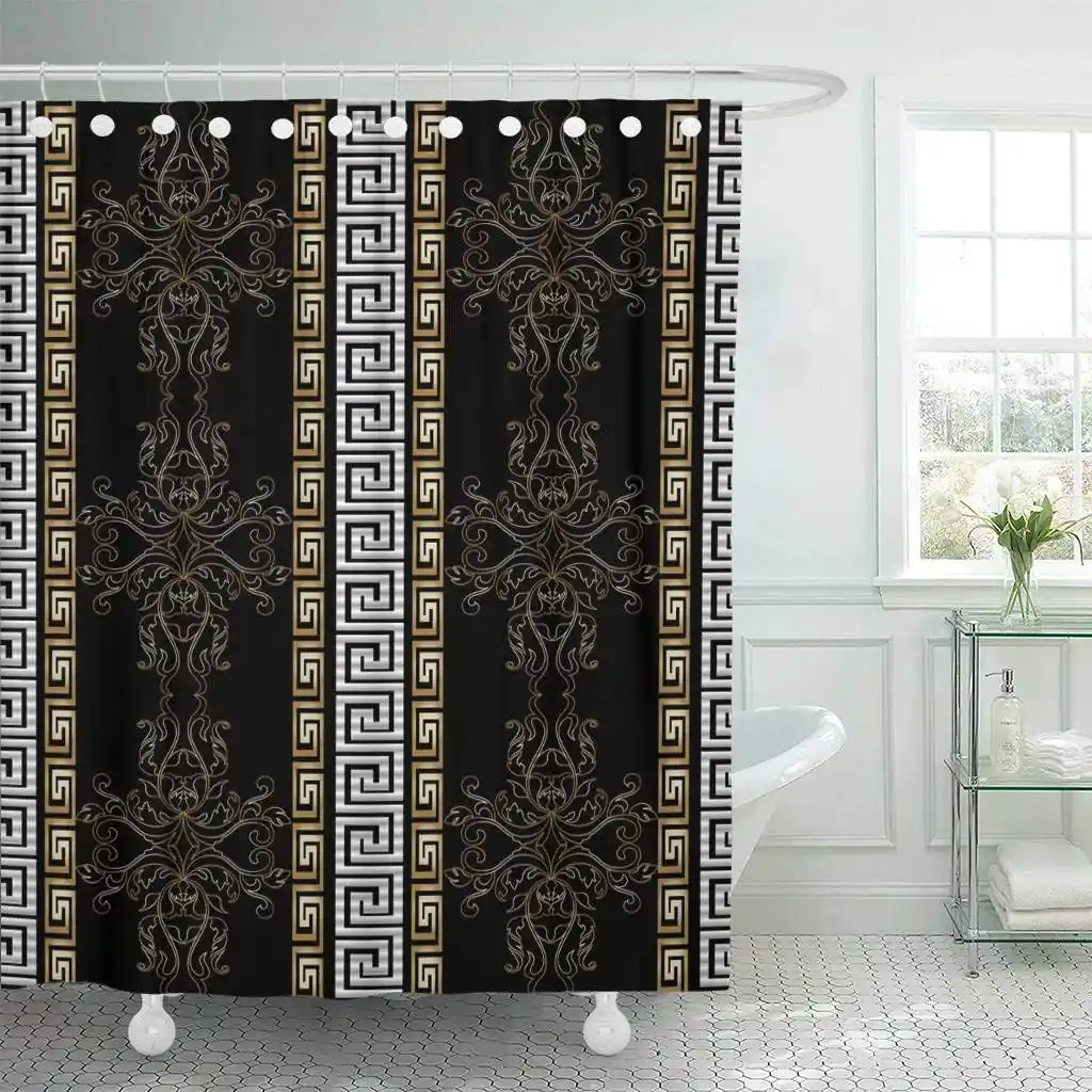 Fabric Shower Curtain Hooks Striped Baroque Antique Black Vintage Medieval Damask Flowers Scroll Leaves Gold Shower Curtains Aliexpress