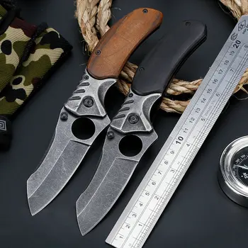 

Hysenss Stonewashed Tactical Folding Knife Wood Handle Outdoor Camping Hiking Hunting Survival Rescue Utility EDC Tools