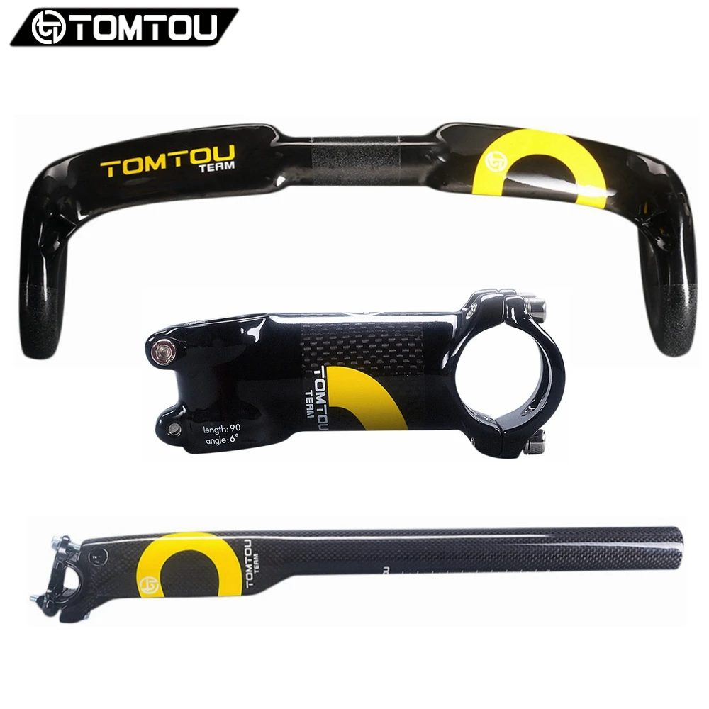 

TOMTOU Carbon Road Handlebar Sets Cycling Bent Bar + Breaking Wind Seatpost + Stem Racing Bicycle Parts Set Yellow - TC6T03