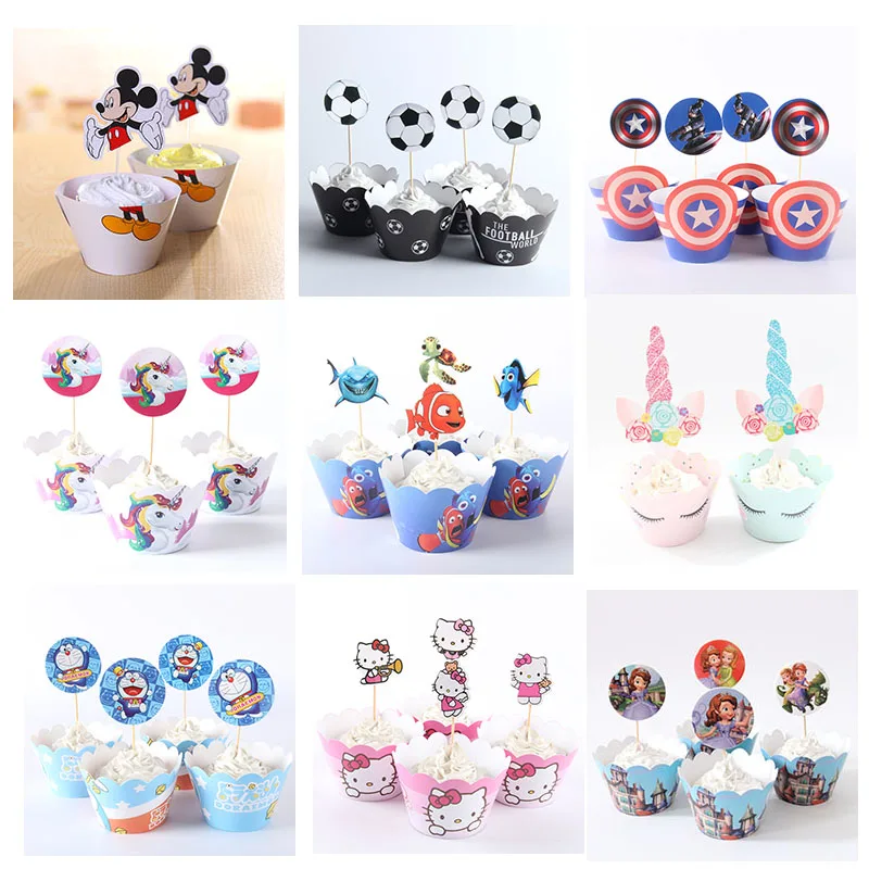 

12 sets Cartoon Unicorn/Mickey/Spiderman/Princess Cupcake Cake Wrappers Toppers wedding Birthday Party Decor Supply cup cake