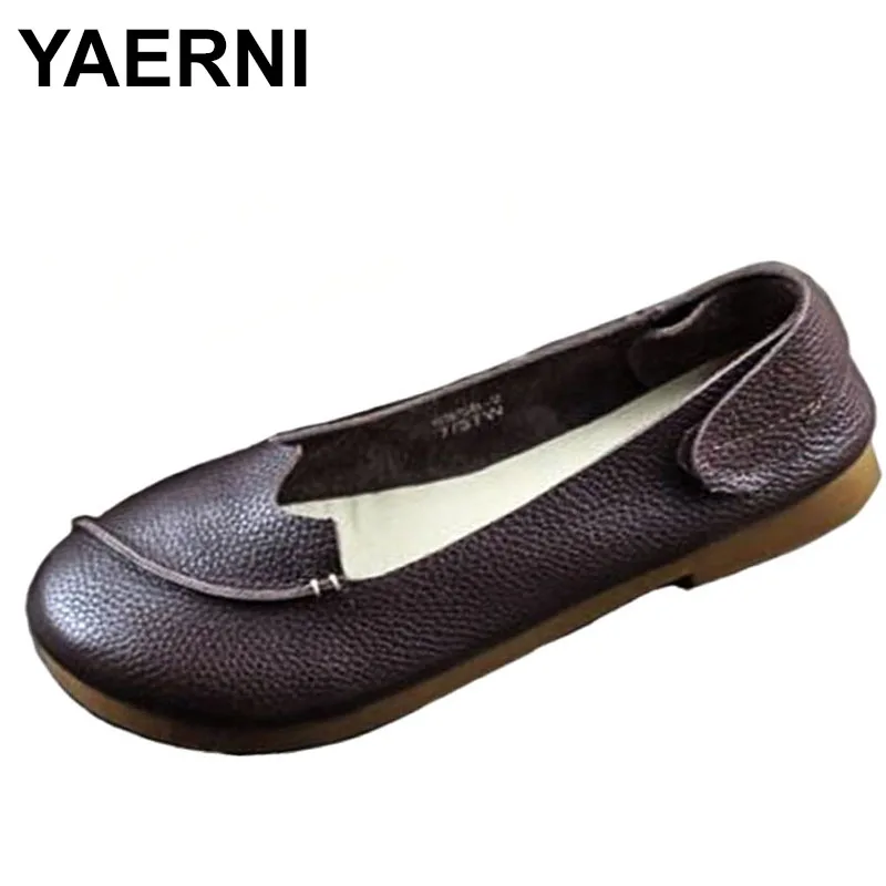

YAERNI Shoes Woman Flat Round Toe Slip on Ballet Flats 100% Authentic Leather Ladies Flat Shoes Anti-slip Women Moccasins