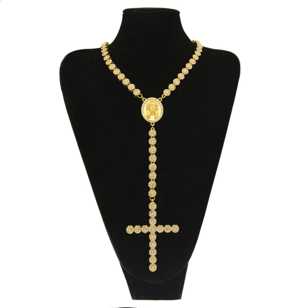 

Luxury Long Necklace Gold Color Full Iced Out Rhinestones Jesus Face With Big Cross Pendant Necklace Religion Punk Jewelry