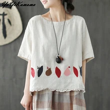 YoYiKamomo Женские винтажные футболки с вышивкой летние новые хлопковые льняные короткие мягкие белые тонкие повседневные футболки