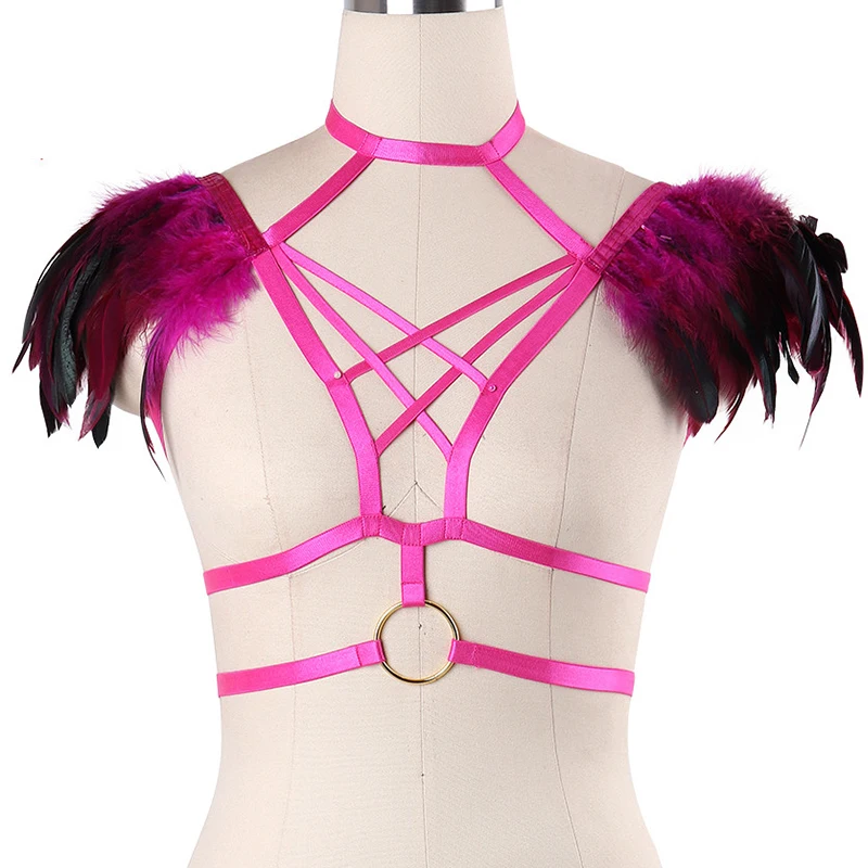 

Sexy Women gold O-Ring Body Harness Feathers Harnes Cage bra Strappy Crop Tops Goth Fetish Bondage Harness Lingerie