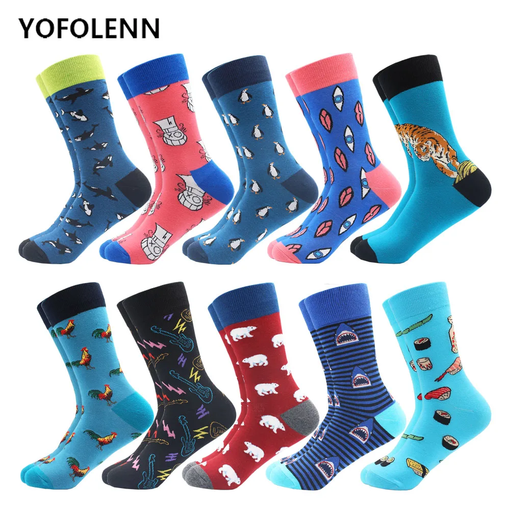 

10 pairs/lot Funny Men's Combed Cotton Casual Dress Skateboard Socks Novelty Brand Chicken Shark Pattern Wedding Casual Socks