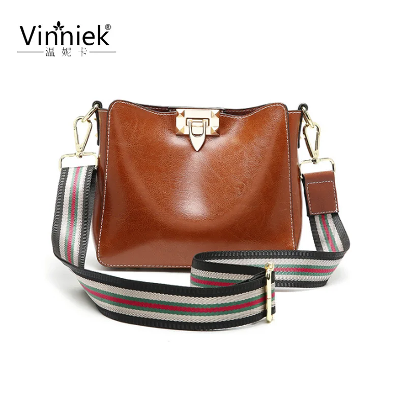 

Summer New Genuine leather women bag fashion lady shoulder bag Contrast color Wide shoulder strap Designer bucket Messenger bags