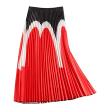 Весна новое поступление хит цвет соответствующие плиссированные юбки высокая талия уличный стиль до середины икры элегантные полосатые женские юбки