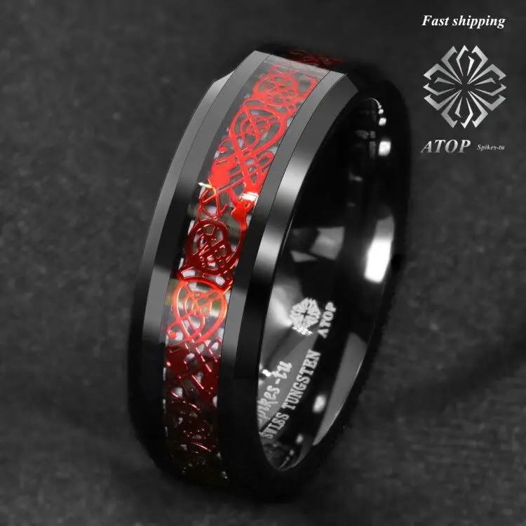 8 мм черное вольфрамовое кольцо красный кельтский Дракон черное углеродное волокно кольцо на вершине ювелирные изделия