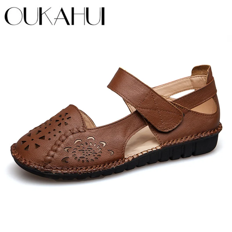 Oukahui Sandalias Mujer 2019 zapatos mujer из натуральной бычьей кожи на плоской подошве в стиле