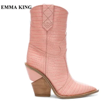 

2018 Runway Pink Ankle Boots Women Wedge Heels Pointed Toe Cowboy Boots For Women Fashion Design Slip On High Heels Shoes Women