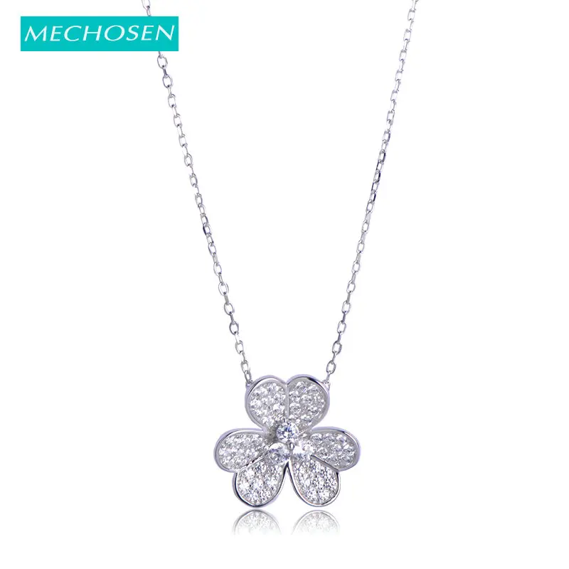 MECHOSEN Genuine 925 Sterling Silver Pendant Flower Shape Chokers Necklace Cubic Zirconia Women Girls Shiny Fine Jewelry kolye