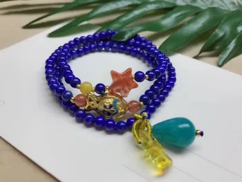 

4.2mm Genuine Natural Lapis Lazuli Gemstone 3 laps Bracelet with Pendant For Woman Female Crystal Stretch Gift Bracelets AAAAA