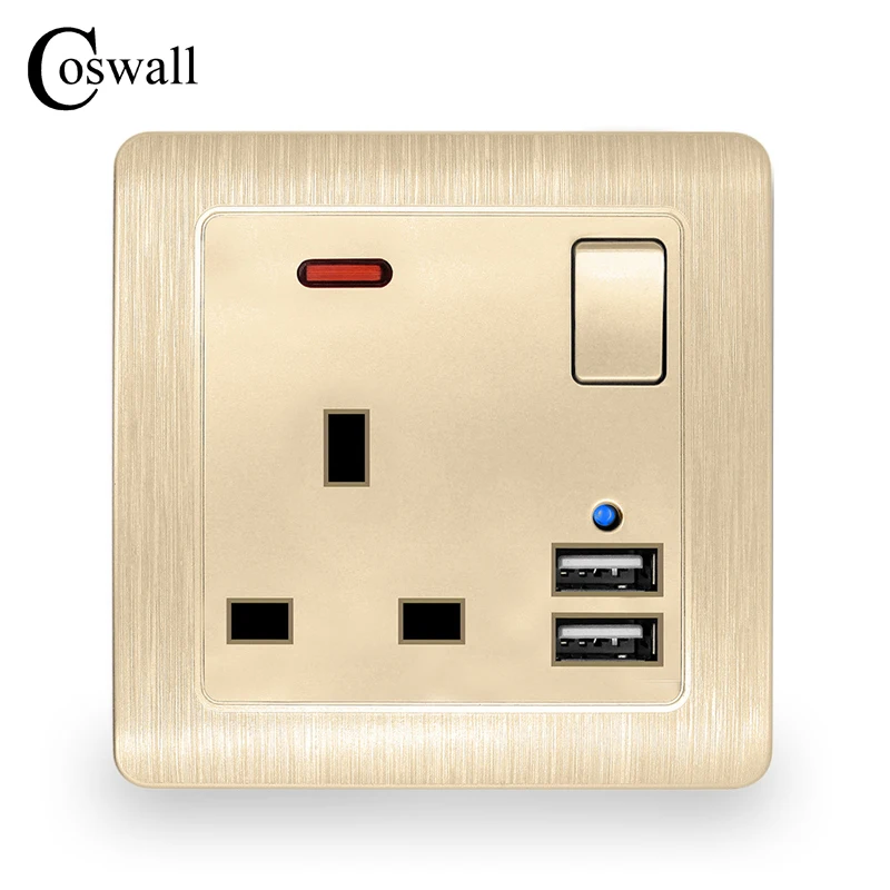 Coswall Wall Power Socket 13A UK Standard Switched Outlet 2.1A Dual USB