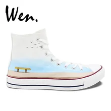 Вэнь ручная роспись обувь дизайн пользовательские слон сидя на скамейке высокие белые мужские женские парусиновые кроссовки для подарков