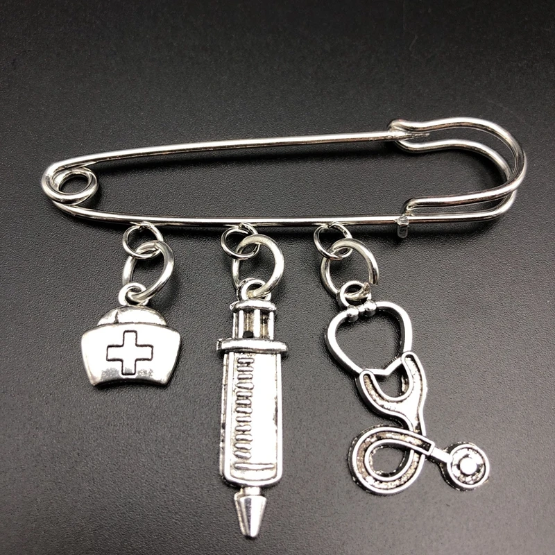 

2019 New Nurse Cap Medical Brooch Mini Syringe Stethoscope Cute Brooch Silver Jewelry Gift