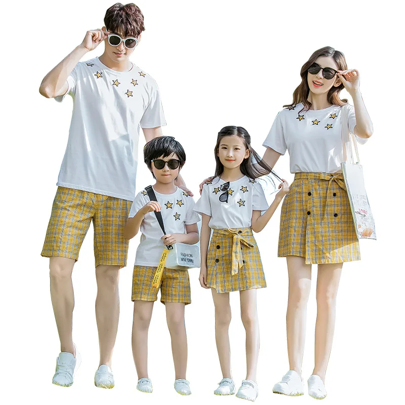 

summer family matching clothes plaid mother daughter dresses 2pcs mommy and me clothes dad son clothing sets family look outfits