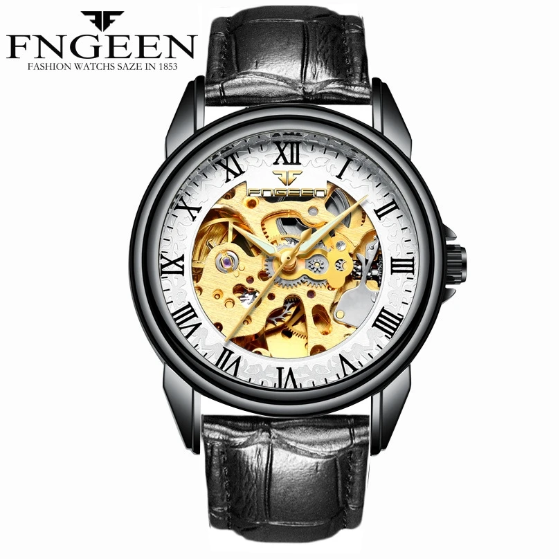 Автоматические механические часы для мужчин, мужские часы, золотые модные часы со скелетом, Лидирующий бренд Fngeen, наручные часы, Relogio Masculino - Цвет: man leather 2