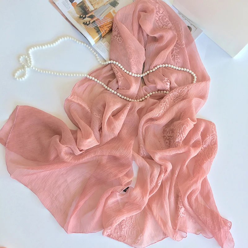 Fashion Flower Embroidery Solid Color Wrinkled Rayon Scarves Shawl Women Spring/Summer Sunscreen Pink Soft Long Scarf Pashmina |