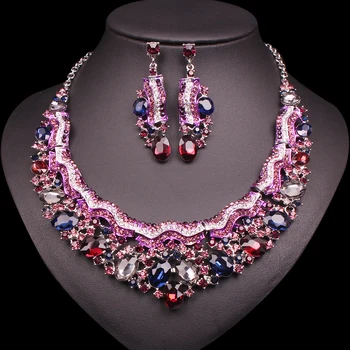 

Luxury Crystal Necklace Earrings Sets Silver Plated Bridal Wedding Party Costume Accessories Indian Jewelry Sets Gifts for Women