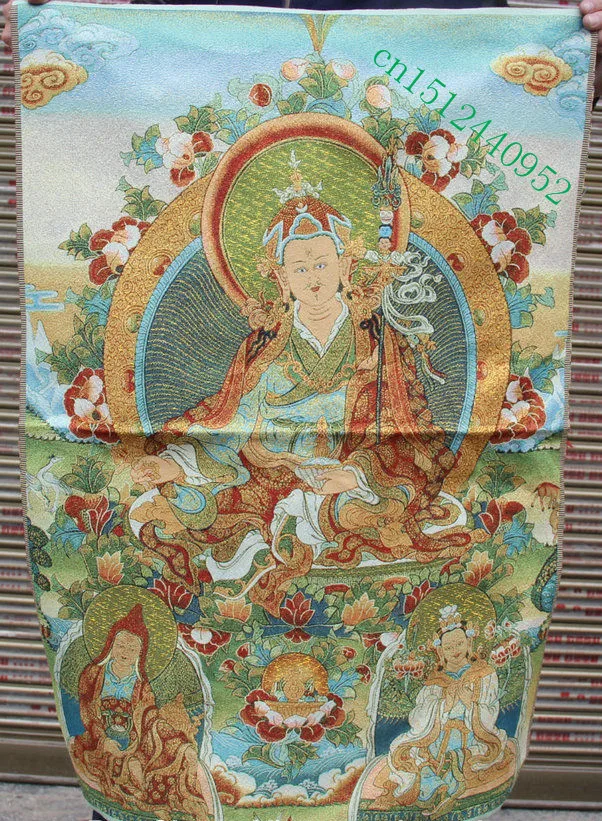 

36 inch Tibet Silk embroidery Guru Padmasambhava Rinpoche Buddha Thangka Paintings Mural