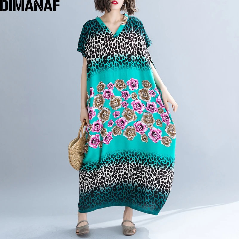 

DIMANAF Plus Size Women Beach Dress Sundress Big Size Lady Vestidos Loose Batwing Print Cotton Dress 2019 Summer Female Clothing