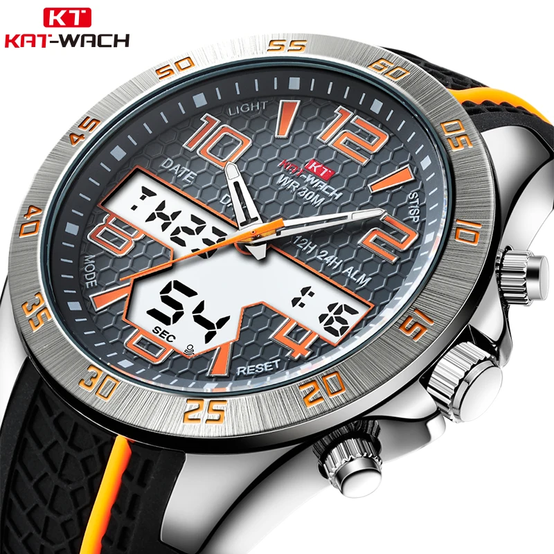 

KAT-WACH Men Sport Watches Multifunction LED Digital Analog Quartz Wristwatches Luxury Double Time Alarm 50m Waterproof Watch