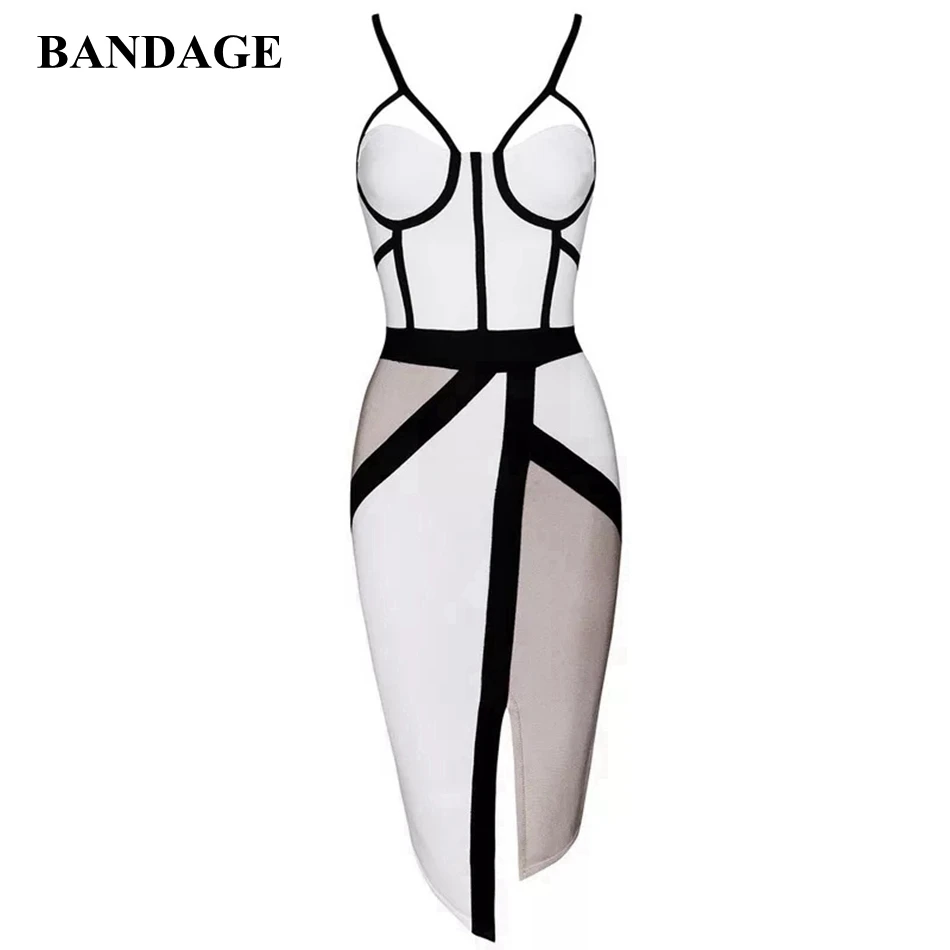 

Sexy Party Dress Bandage Mini Bodycon Dress Black White Patchwork Spaghetti Strap Women Casual Dresses Night Club Wear