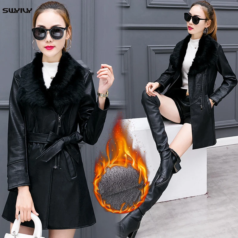 SWYIVY Leather Jacket Women PU Fur Collar Warm 2018 New Winter Female Slim Coat Mid-long Design Woman Leather Jackets Coats XXL