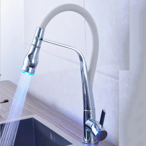 CHROME with LED Хромированный белый кухонный кран на бортике смеситель горячей и холодной воды кран для кухни выдвижной смеситель кран 2 функции носик - Цвет: CHROME with LED