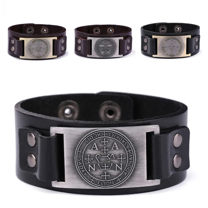 

Skyrim Sigil of Archangel Gabriel Enochian Talisman Amulet Angel Leather Bracelet Wicca Jewelry Genuine Leather Men Bracelet