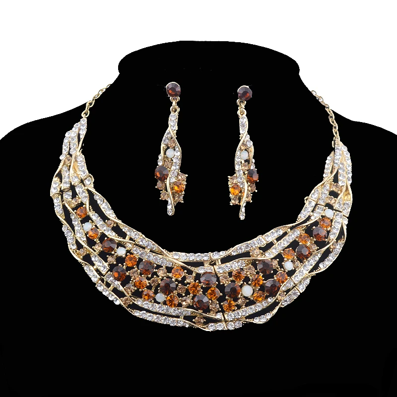 

Bridal jewelry sets Wedding necklace earrings set rhinestone brown Color Jewelry Women Christmas Gift Dress Accessories