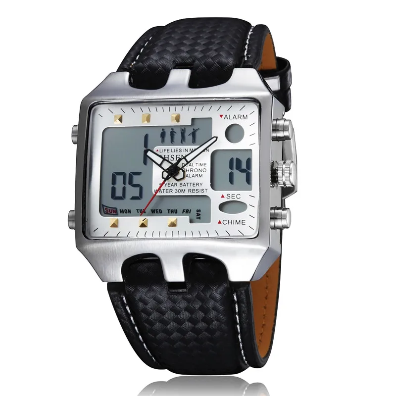 OHSEN цифровые часы мужские водонепроницаемые аналоговые светодиодные спортивные часы для мужчин кожаный браслет Будильник наручные часы Relogio Masculino 0930 - Цвет: black white