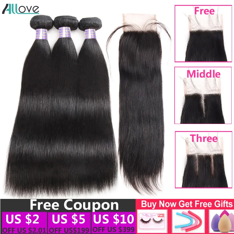 

Allove Brazilian Straight Hair Bundles with Closure Human Hair Weave 3 Bundles with Closure Non Remy Wig Bundles with Closure