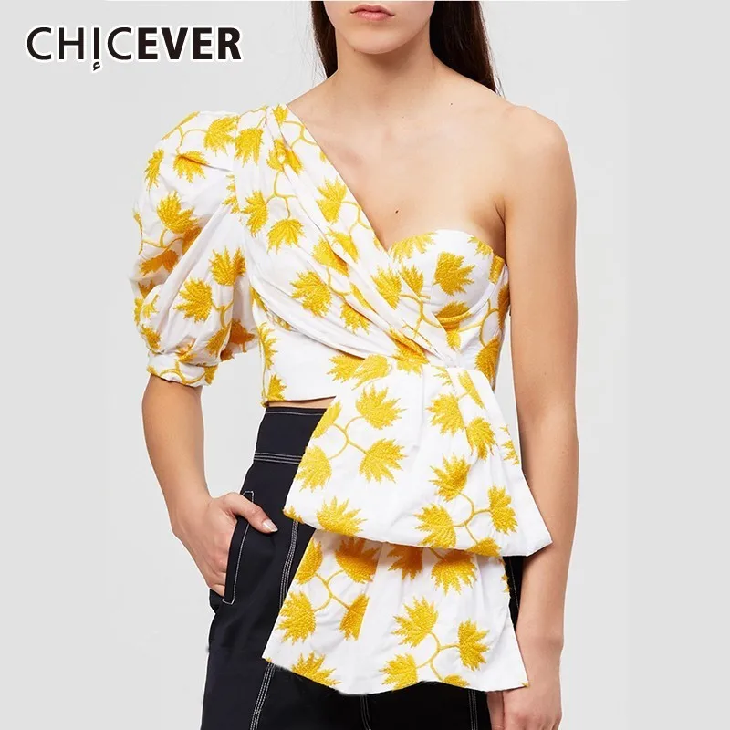 

CHICEVER Summer Sexy Print Off Shoulder Skew Collar Women's Blouse Half Sleeve High Slim Irregular Hem Female Top Clothing 2019