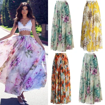 

Women Skirts 2018 New Chiffon BOHO Womens Floral Jersey Gypsy Long Maxi Full Skirt Beach Sundress