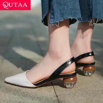 

QUTAA 2020 Women Pumps Cow Leather+pu Fashion Women Shoes Shallow Square Toe Strange Heel Casual Ladies Pumps Size 34-43
