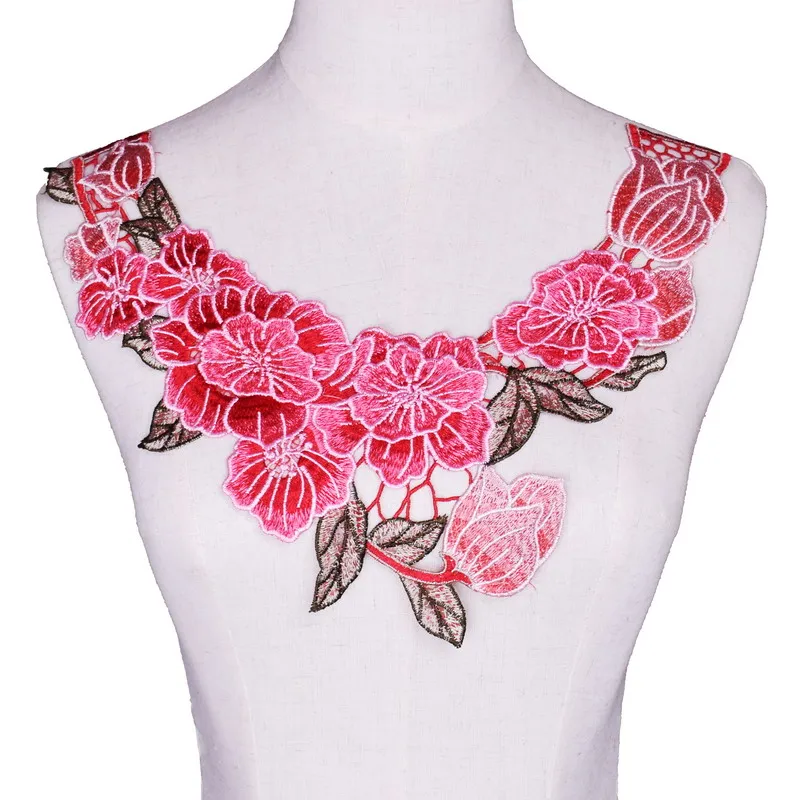 

3D Pink Flower Lace fabric Dress Applique motif blouse Sewing Trims, DIY neckline collar Costume Decoration Scrapbooking