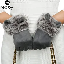 REALBY теплые замшевые перчатки для женщин Gants Femme Hiver милый Кот Дизайнер русский Guantes Femme женские зимние Сенсорный экран перчатки