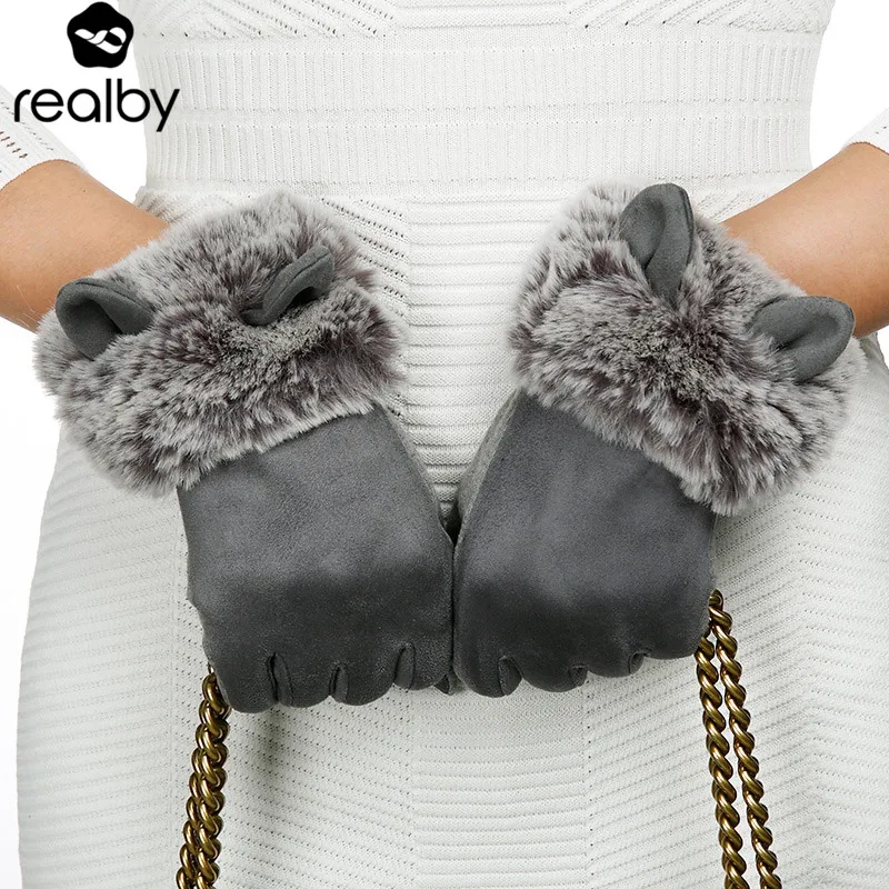 REALBY теплые замшевые перчатки для женщин Gants Femme Hiver Cute Cat дизайнерские русские Guantes