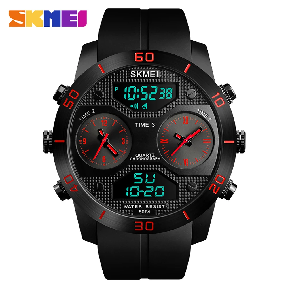 SKMEI 1355 Sport Quartz Watch Men 3 Time Chrono Mens Watches Countdown Analog Digital Watch Male Waterproof Backlight Wristwatch