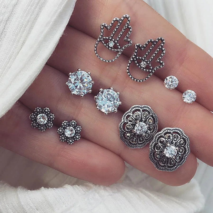 

RAVINOUR Orecchini 5pair Retro Earrings for Women Fashion Hand Palm Flower Boho Stud Earring Set Jewelry Crystal Turkish Aretes