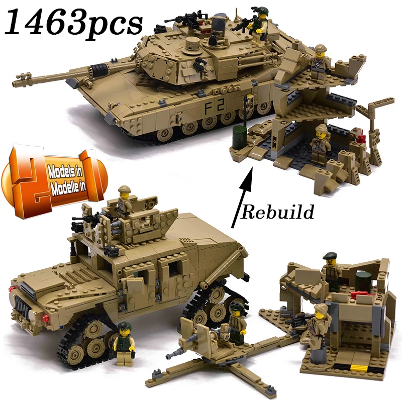 

1463pcs Military M1A2 Tank Bricks Abrams Main Battle Tank Building Mini Block Figures Sets Model 2in1 Toys Compatible legoinglys