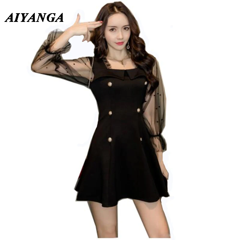 

See-through Mesh Long Sleeve High Waist Sexy Double-breasted Dresses 2019 Women Patchwork Square Collar Lace Fashion Dress