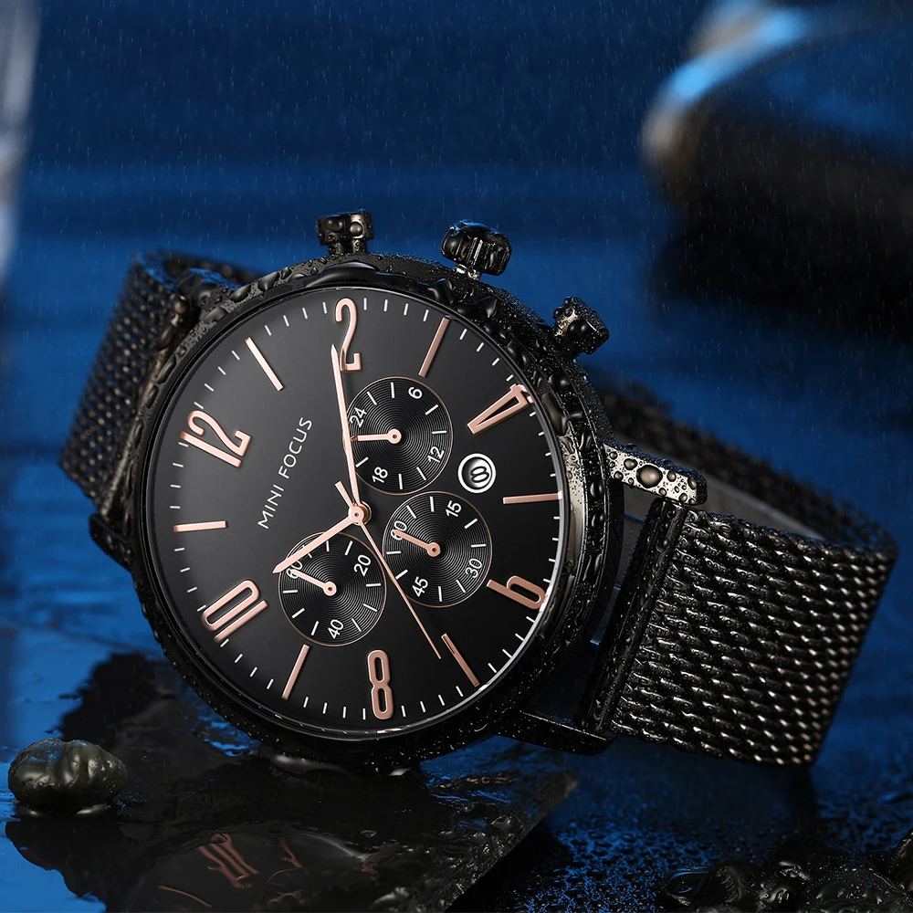 

MINI FOCUS Royal Business Watch Men Quartz Top Brand Luxury Mesh Strap 3 Dial 6 Hands Chronograph Waterproof Dress Wristwatches