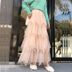 2019 весна корейский нерегулярные Тюлевая юбка женская обувь для девочек сладкий Длинная летняя Высокая талия Skrits женские Faldas Mujer Moda Saia