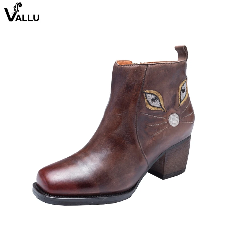 

Block Heel Cat Booties For Women 2018 Genuine Leather Female Animal Design Boots Round Toe Low Cut Lady Retro Embroidery Shoes