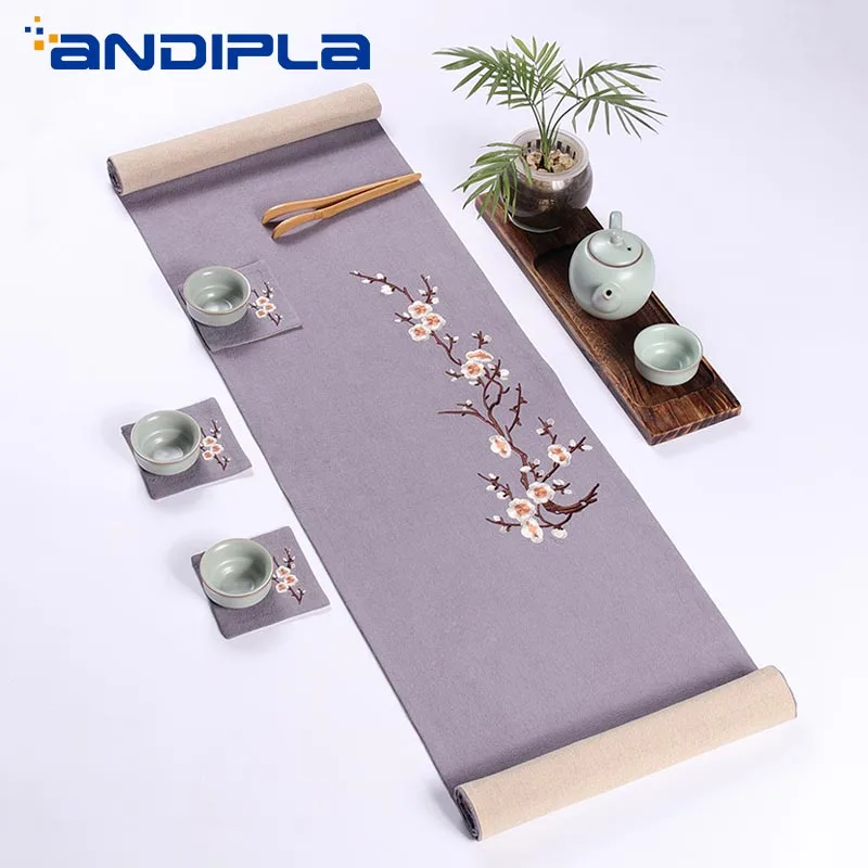 Japanese Style Linen Table Runner tablecloth Embroidery Plum Tea