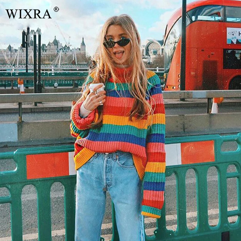 

Wixra Women Hot Trendy Oversize Rainbow Sweaters Turtleneck Loose Long Sleeve Sweaters Pullover Spring Autumn For Women